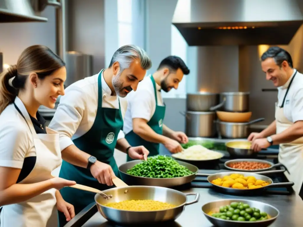 Cocina italiana expertos: Escuela de cocina bulliciosa, alumnos aprendiendo con chef italiano