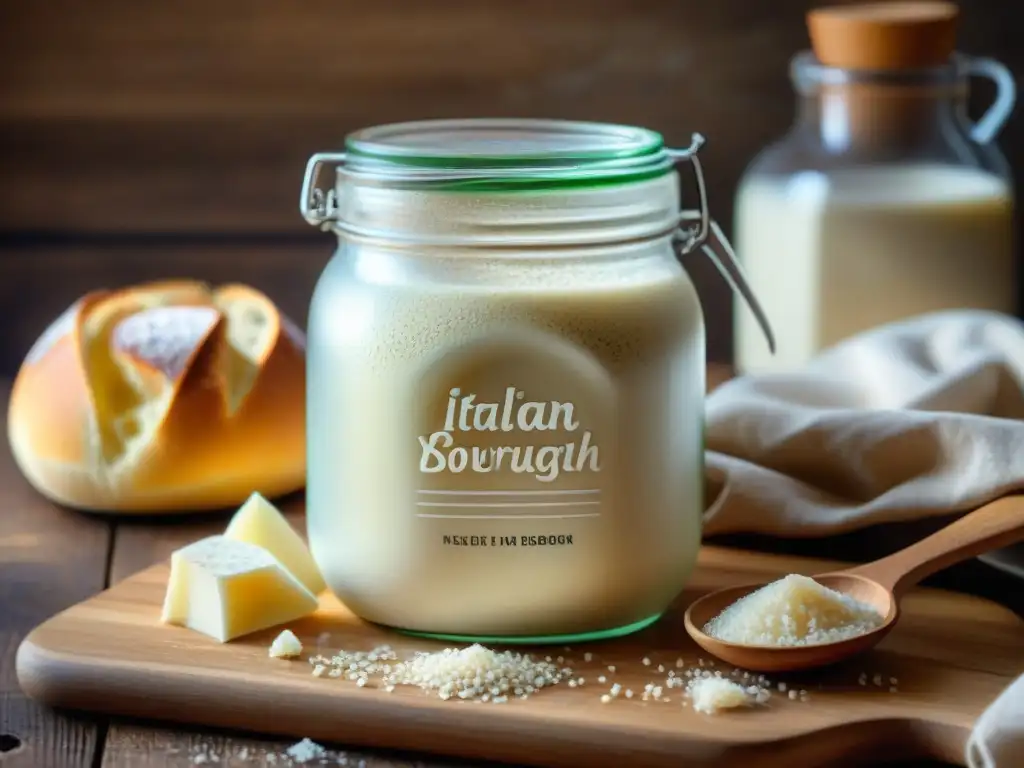 Cocina italiana fermentada técnicas: Detalle de masa madre burbujeante en frasco, rodeada de harina y libro de recetas