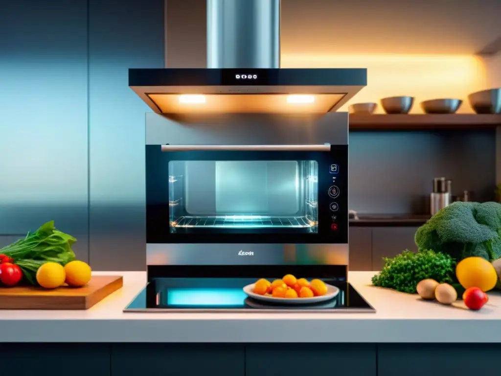 Una cocina italiana fusionada con tecnología IoT, mostrando un horno inteligente y una tabla de cortar futurista