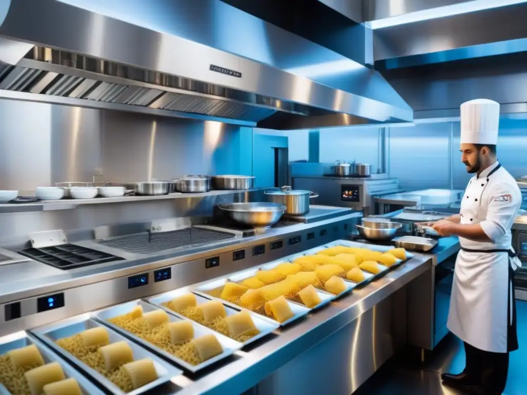 Una cocina italiana futurista con tecnología avanzada y chefs robóticos