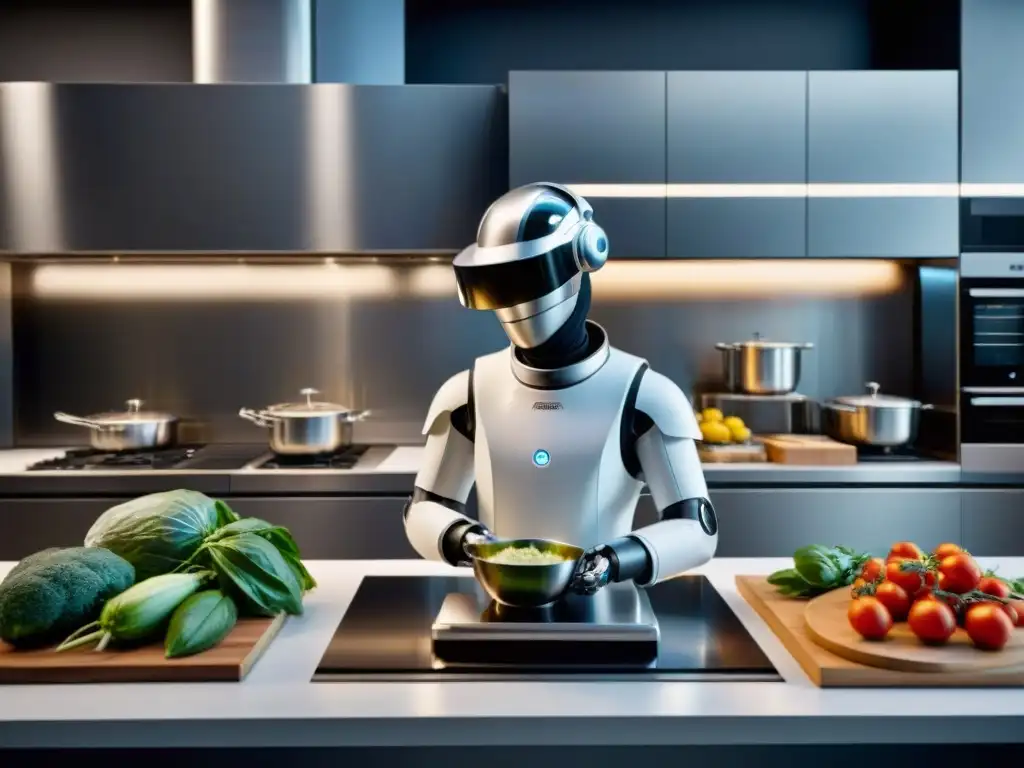 Cocina italiana del futuro con robots de cocina para cocina italiana preparando platos auténticos