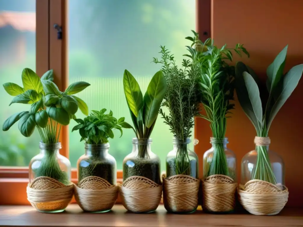 Un rincón de cocina italiana con hierbas esenciales frescas bañadas por la luz matutina