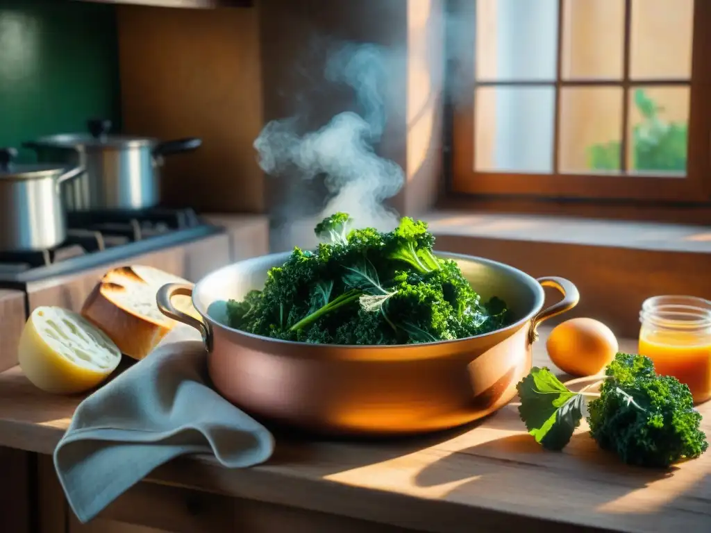 Un rincón de cocina italiana con influencia portuguesa, destaca una olla de Caldo Verde en fogón vintage