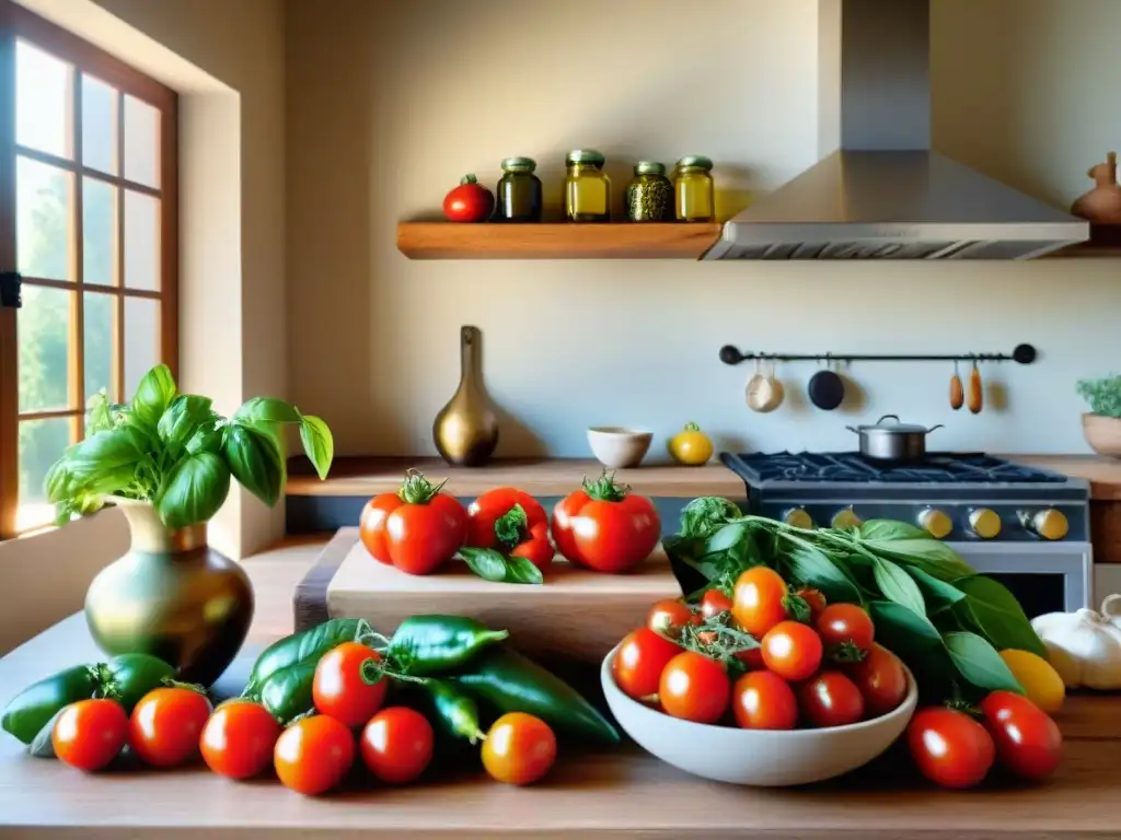 Cocina italiana con ingredientes antienvejecimiento: tomates, ajo, albahaca, pimientos y hierbas frescas sobre encimera de madera rústica