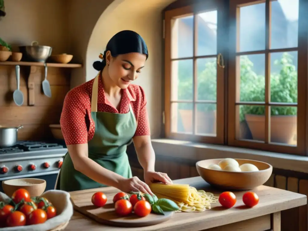 Cocina italiana con ingredientes tradicionales y nonna preparando pasta casera en ambiente rústico y acogedor