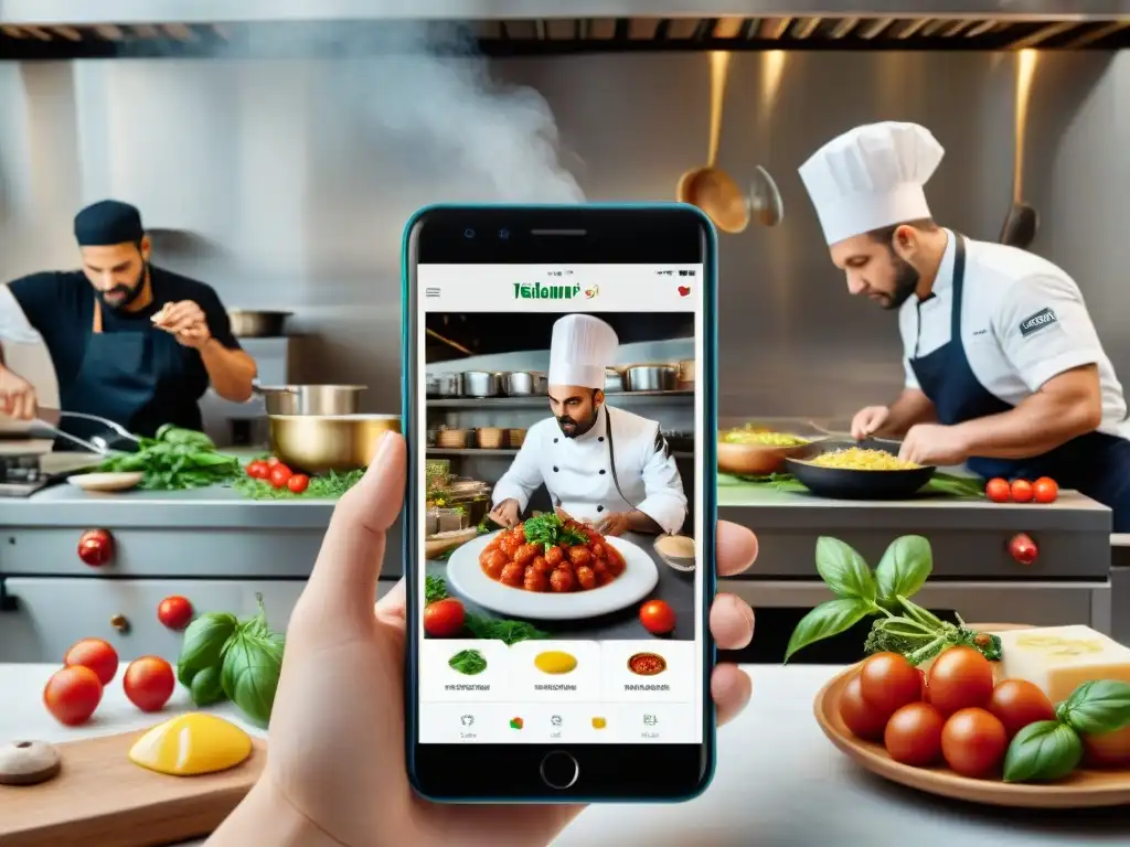 Cocina italiana innovadora: chefs usan apps mientras preparan platos tradicionales con ingredientes frescos