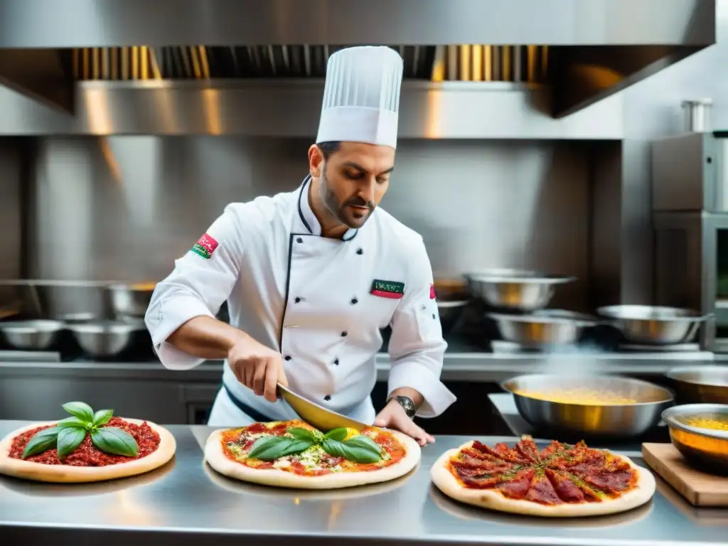 Cocina italiana moderna: chefs creando magia con pizza Cocina italiana innovadora con chefs en acción y ingredientes frescos, destacando la creatividad culinaria