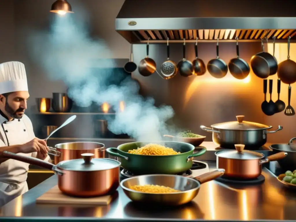 Cocina italiana llena de chefs usando utensilios tradicionales como rodillos de pasta de madera, ollas de cobre y cucharas de olivo