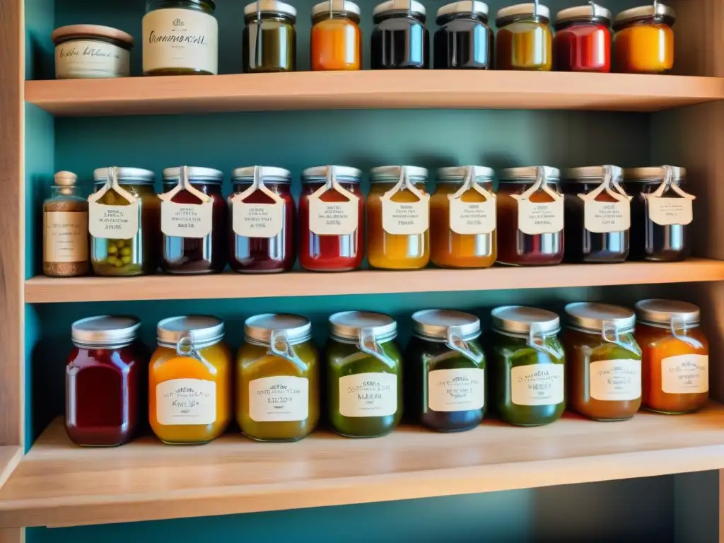 Una cocina italiana llena de conservas caseras en tarros coloridos etiquetados a mano, con una atmósfera cálida y acogedora