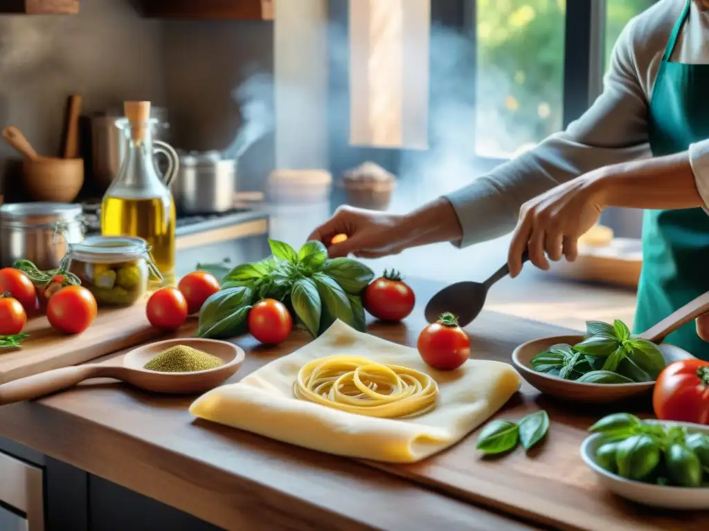 Cocina italiana llena de ingredientes frescos, transmitiendo comodidad y tradición