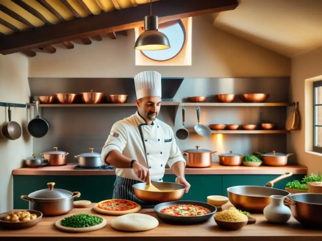 Cocina italiana llena de vida: chef lanzando masa de pizza, ollas burbujeantes, ingredientes frescos y utensilios de cobre vintage