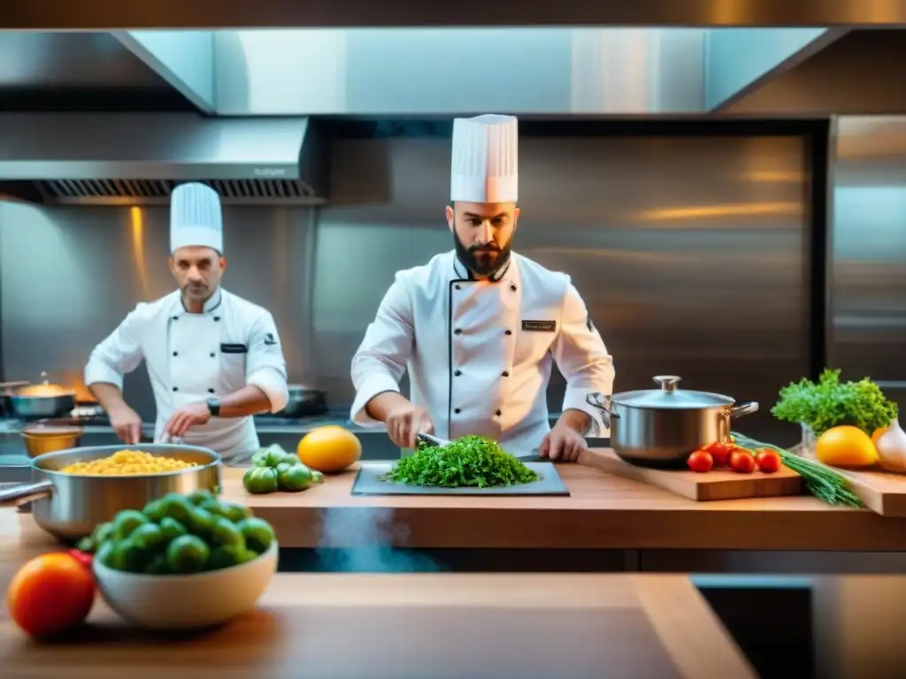 Cocina italiana llena de vida, con Chefs estrellas Michelin en acción, ingredientes coloridos y ambiente dinámico