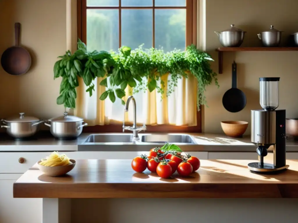 Una cocina italiana llena de vida: mesa rústica con tomates rojos, albahaca, ajo y aceite de oliva, bañada por la luz cálida del sol