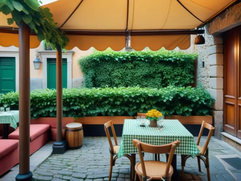 Un rincón de cocina italiana en Roma: mesas con manteles a cuadros, sillas de madera y flores bajo enredaderas verdes en una trattoria tradicional