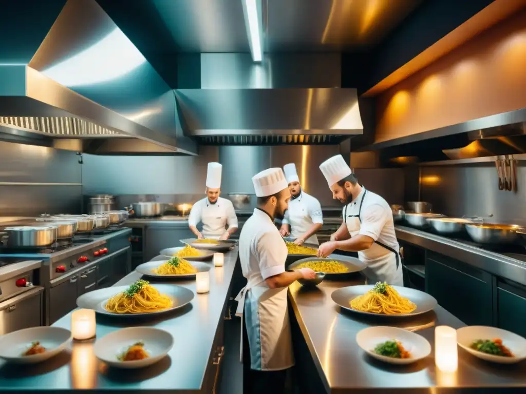 Exquisita cocina italiana moderna en acción Una cocina italiana moderna con chefs preparando platos innovadores