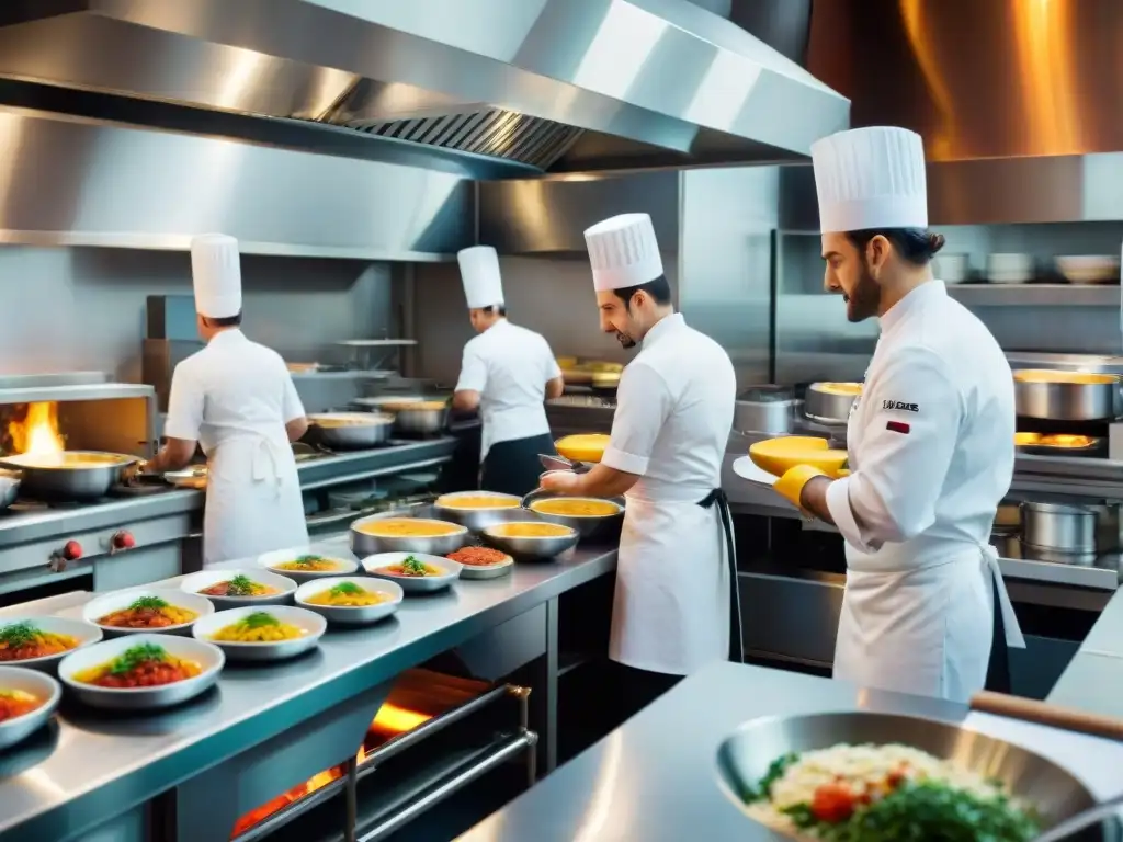 Cocina italiana moderna con chefs en uniformes blancos y técnicas culinarias avanzadas