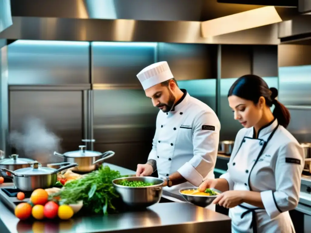 Cocina italiana moderna: chefs preparando platos innovadores en una bulliciosa cocina, ingredientes vibrantes y equipo de cocina elegante