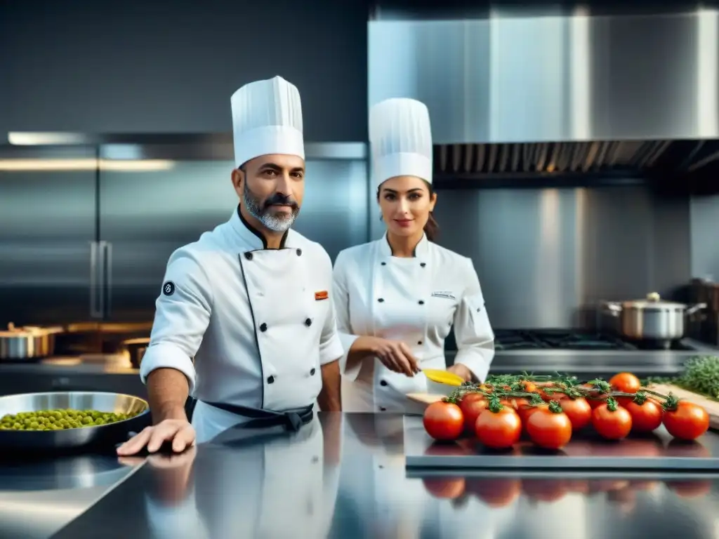 Una cocina italiana moderna con chefs preparando platos innovadores, fusionando lo tradicional y lo contemporáneo