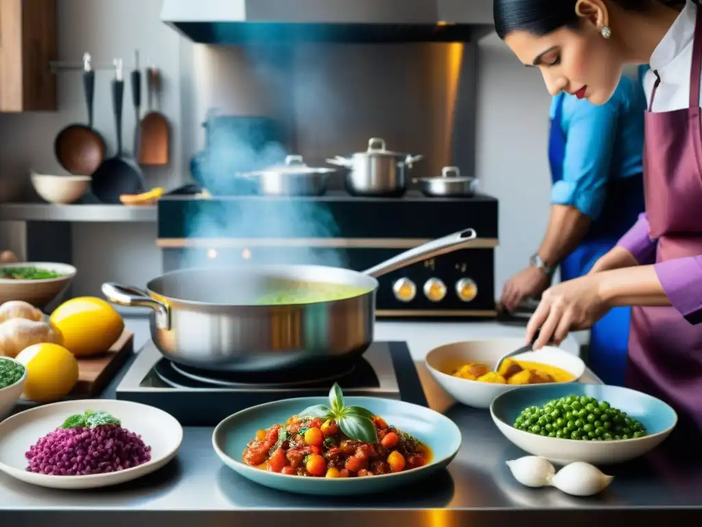 Una cocina italiana moderna con chefs preparando platos tradicionales con un toque contemporáneo