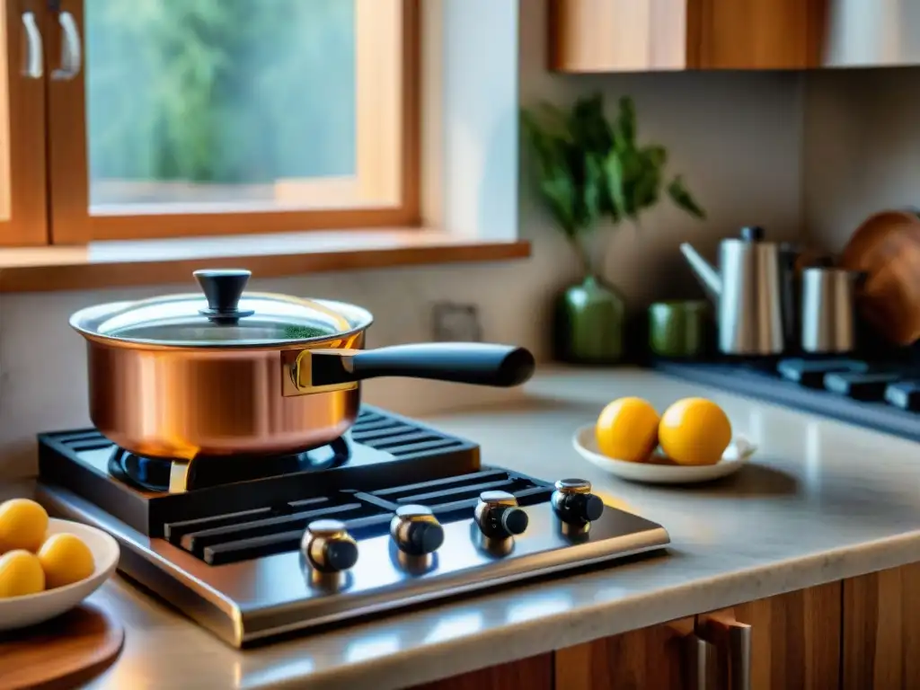 Cocina italiana moderna con espresso de acero inoxidable, tazón de pasta tradicional y utensilios de cobre