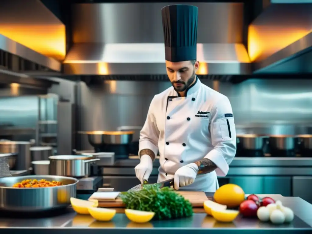 Una cocina italiana moderna llena de actividad, donde cocineros innovadores demuestran su pasión y dedicación