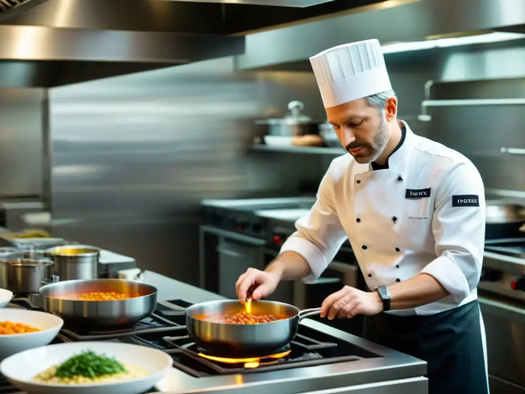 Chef Heinz Beck: Creando alta cocina italiana con precisión Cocina italiana moderna: Heinz Beck prepara con maestría un plato vibrante rodeado de su equipo en su cocina con estrella Michelin