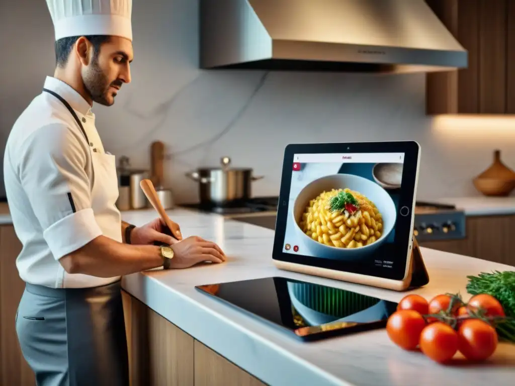 Una cocina italiana moderna con tecnología integrada en elementos tradicionales como las encimeras de mármol y utensilios de madera