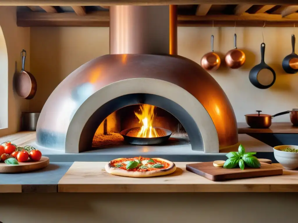 Cocina italiana paso a paso en un ambiente rústico: horno de leña, pasta fresca, tomates y albahaca, chef preparando pizza y utensilios de cobre