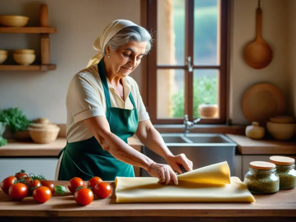 Cocina italiana: Nonna prepara pasta fresca en cocina rústica, iluminada por el sol, con tomates y hierbas frescas