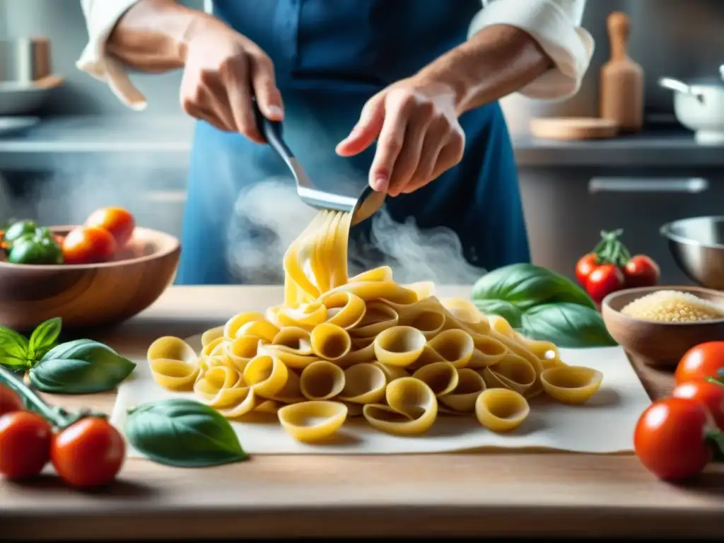 Cocina italiana platos rápidos: Chef amasa pasta fresca rodeado de tomates, albahaca y utensilios de madera en bulliciosa cocina italiana