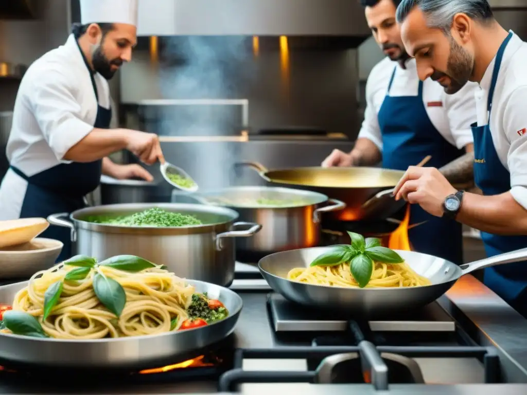 Cocina italiana platos rápidos: Chefs preparando platos rápidos y deliciosos en una cocina bulliciosa y detallada