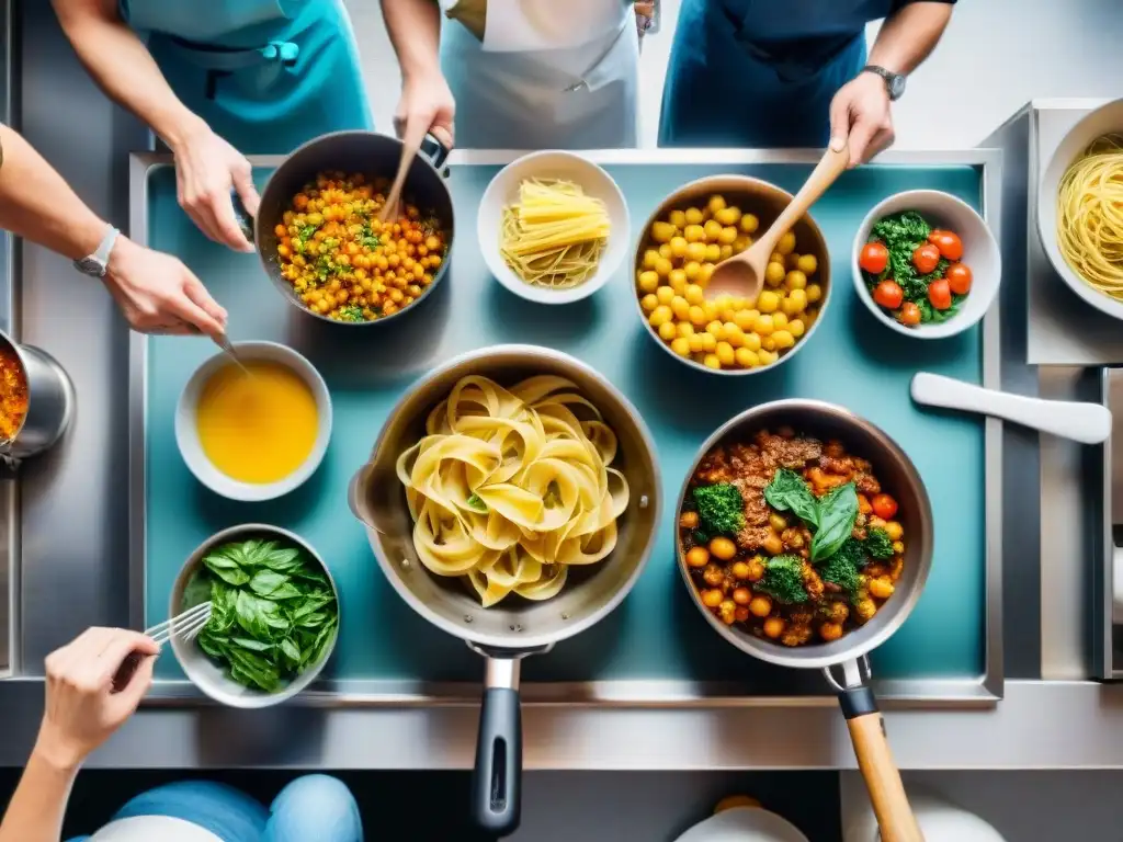 Cocina italiana platos rápidos: Una cocina bulliciosa con ollas burbujeantes, ingredientes frescos y un chef cocinando pasta con destreza