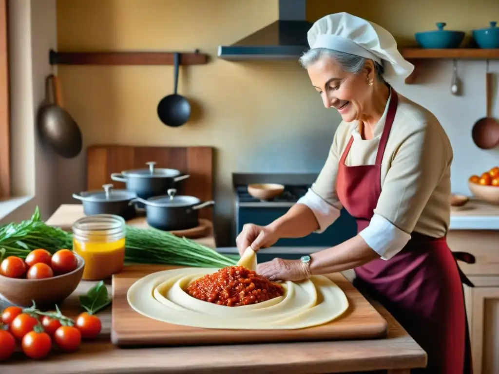 Cocina italiana platos tradicionales: Una cocina italiana tradicional rebosante de actividad, con una nonna experta amasando la pasta, ollas de salsa de tomate burbujeando en la estufa, verduras coloridas esparcidas en una tabla de cortar de madera y una mesa rústica