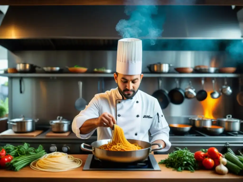 Cocina italiana platos tradicionales tendencias: Chef italiano enrolla pasta casera en tenedor, cocina bulliciosa alrededor