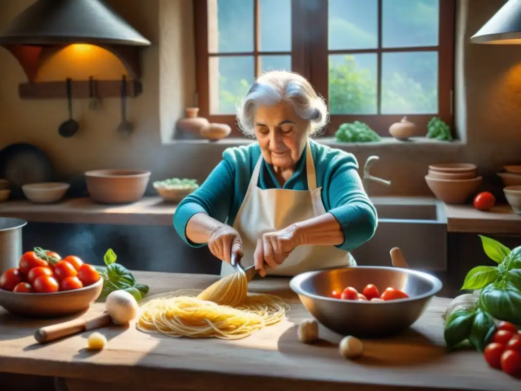 Cocina italiana platos tradicionales: Una nonna italiana experta moldeando pasta casera en su cocina rústica