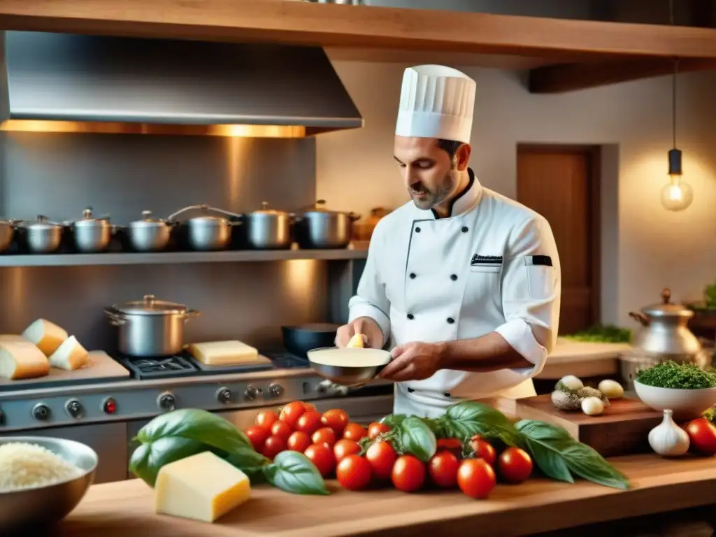 Cocina italiana platos tradicionales: Chef preparando plato gourmet con queso Gorgonzola en cocina tradicional