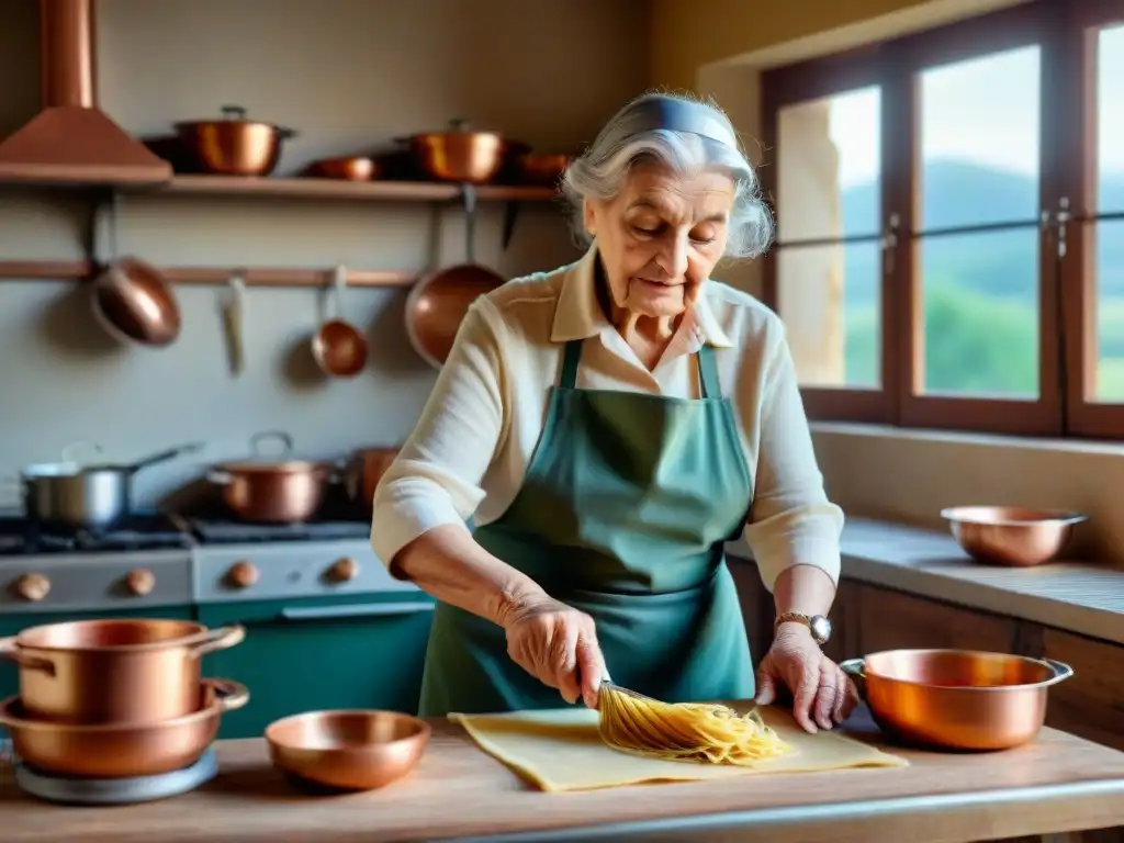 Cocina italiana platos tradicionales Lidia: Anciana italiana orgullosa moldea raviolis en cocina soleada llena de ollas de cobre