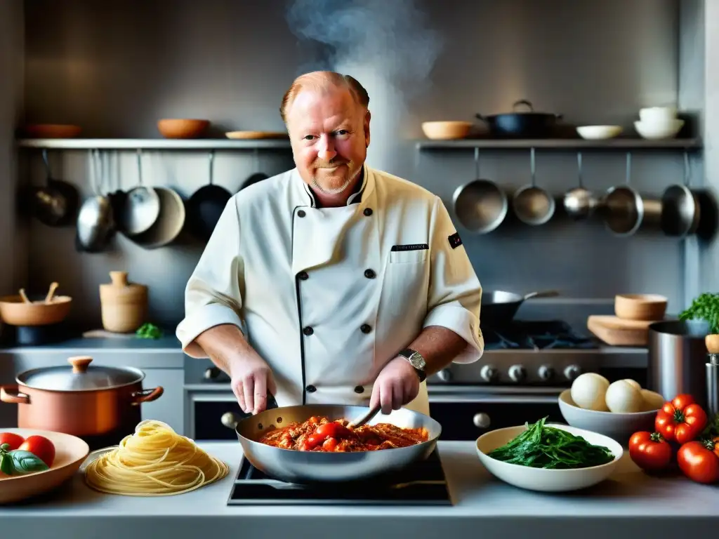 Cocina italiana platos tradicionales: Mario Batali preparando pasta casera con salsa ragú en una cocina tradicional italiana