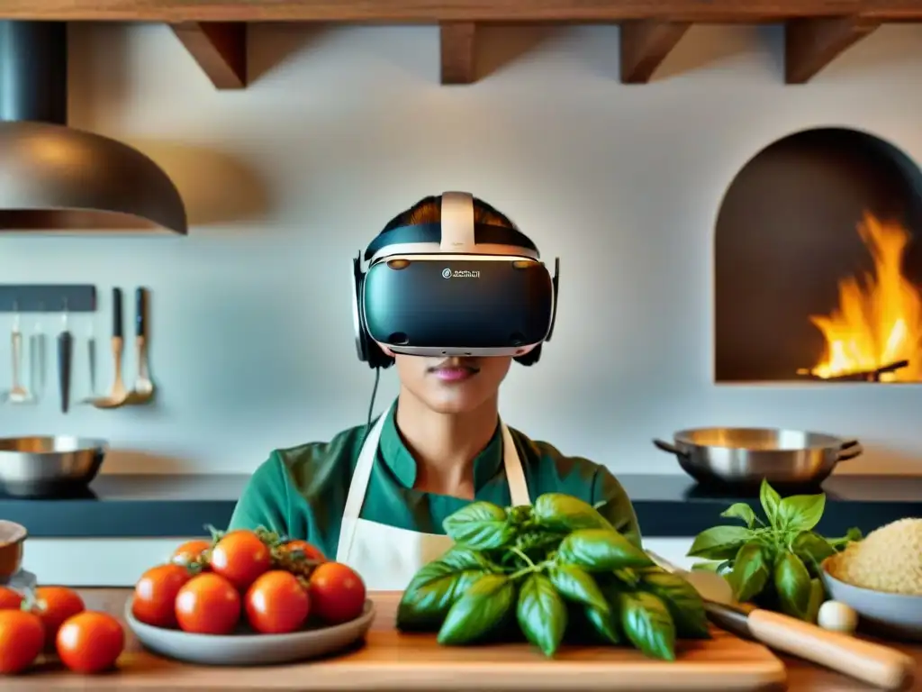 Inmersión en cocina italiana con realidad virtual: chef digital preparando plato clásico en cocina siciliana tradicional