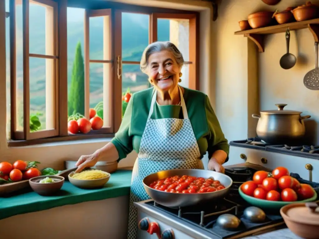 Una cocina italiana con realidad virtual: Una abuela siciliana sonriente cocina salsa de tomate en una cocina tradicional