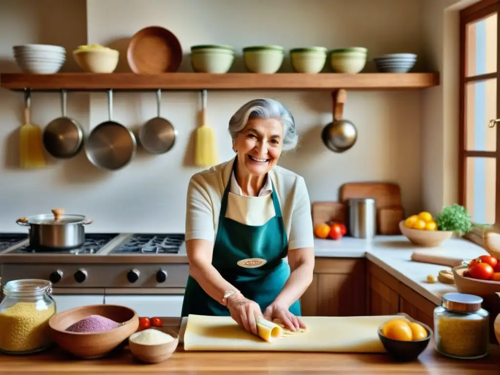 Cocina italiana recetas reinterpretadas: Nonna experta amasa pasta fresca en cocina acogedora