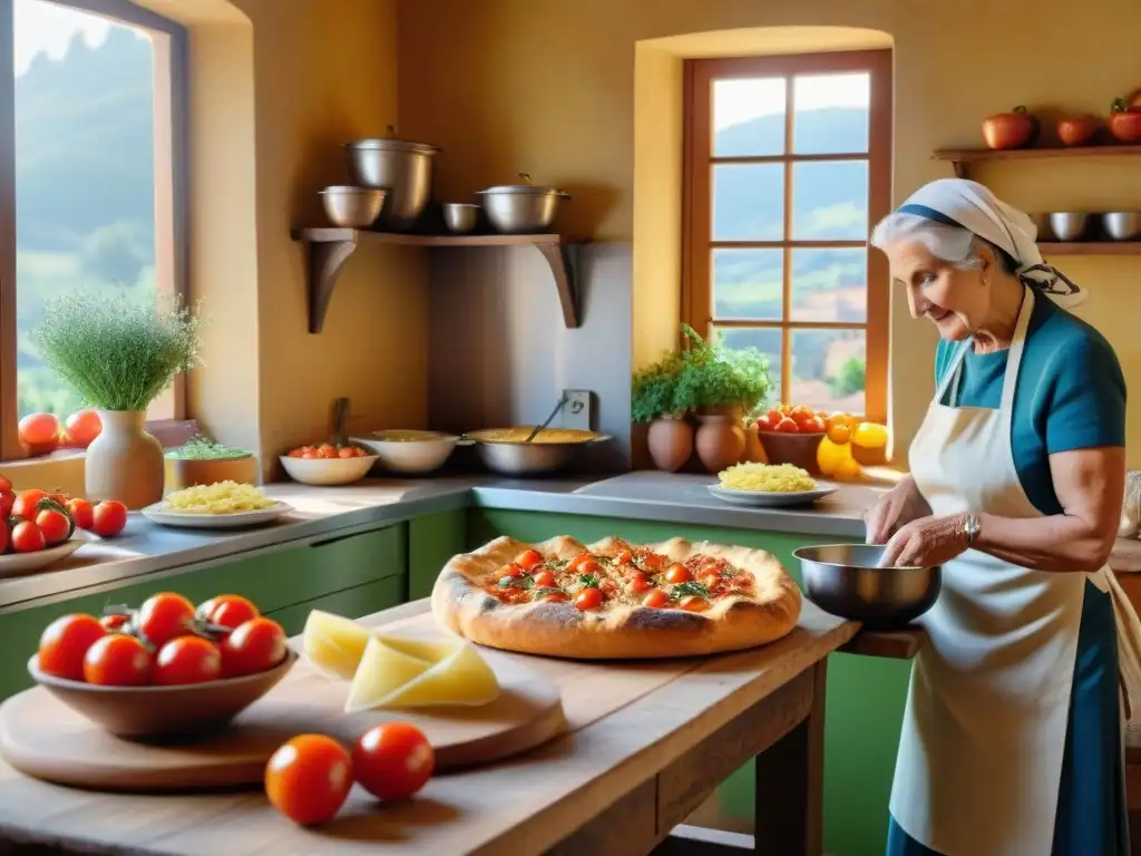 Una cocina italiana regional llena de sabores auténticos: focaccia, pasta casera, tomates y una nonna en acción