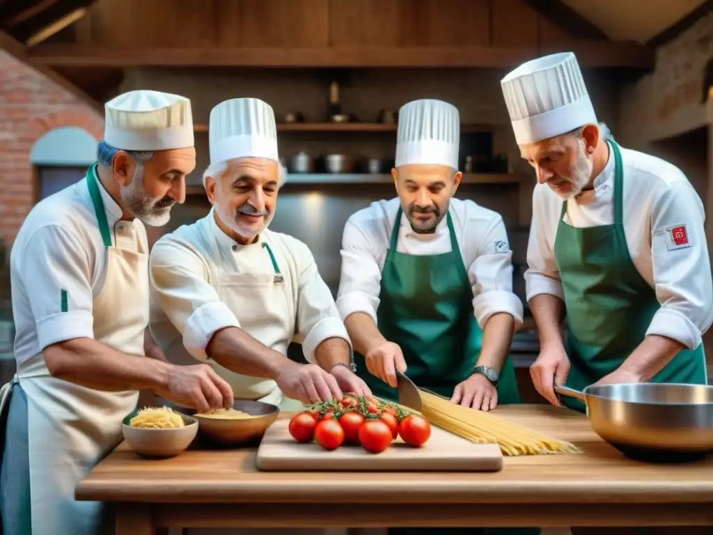 Cocina italiana regional técnicas tradicionales: Grupo de chefs italianos mayores enseñando técnicas tradicionales en cocina rústica