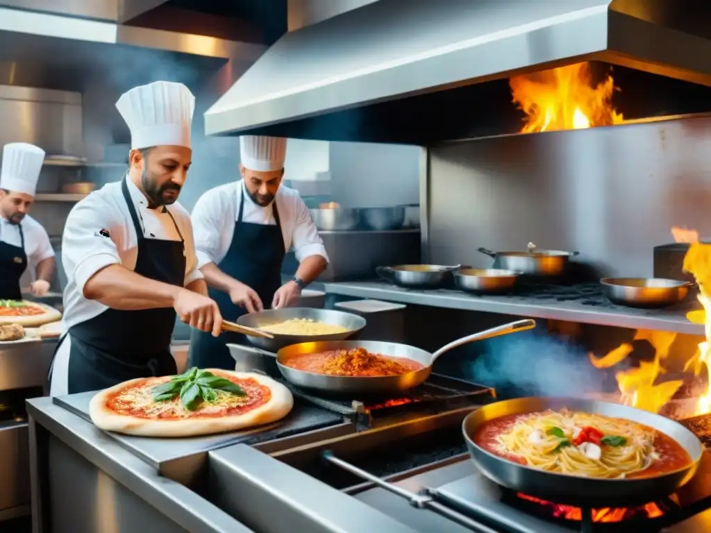 Cocina italiana restaurante: Chef preparando pasta y pizza en cocina bulliciosa durante la cena