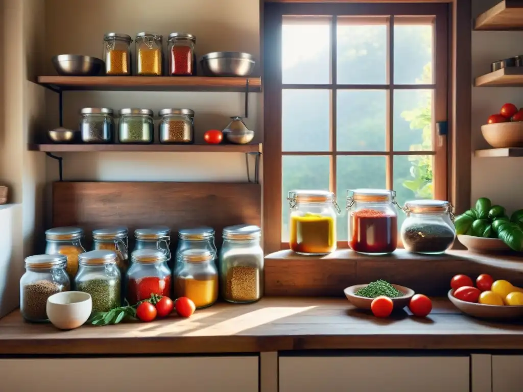 Cocina italiana rústica con estantes llenos de especias coloridas, recetarios organizados y tarjetas de recetas escritas a mano en una mesa de madera desgastada