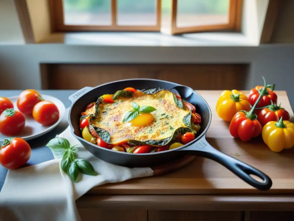 Una cocina italiana rústica con una frittata colorida en sartén