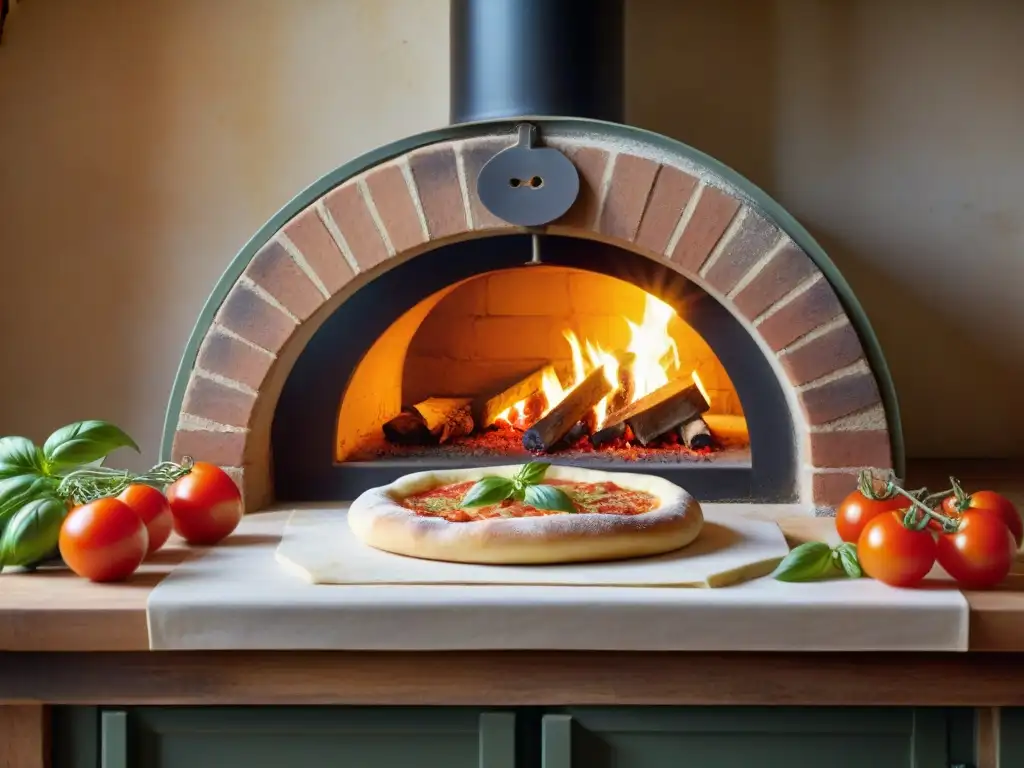 Una cocina italiana rústica con horno de leña, ingredientes frescos y chef preparando pizza