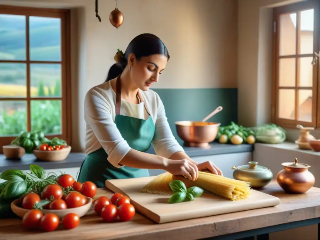 Un rincón de cocina italiana rústica con ingredientes frescos y una nonna experta en pasta, transmitiendo calidez y alegría