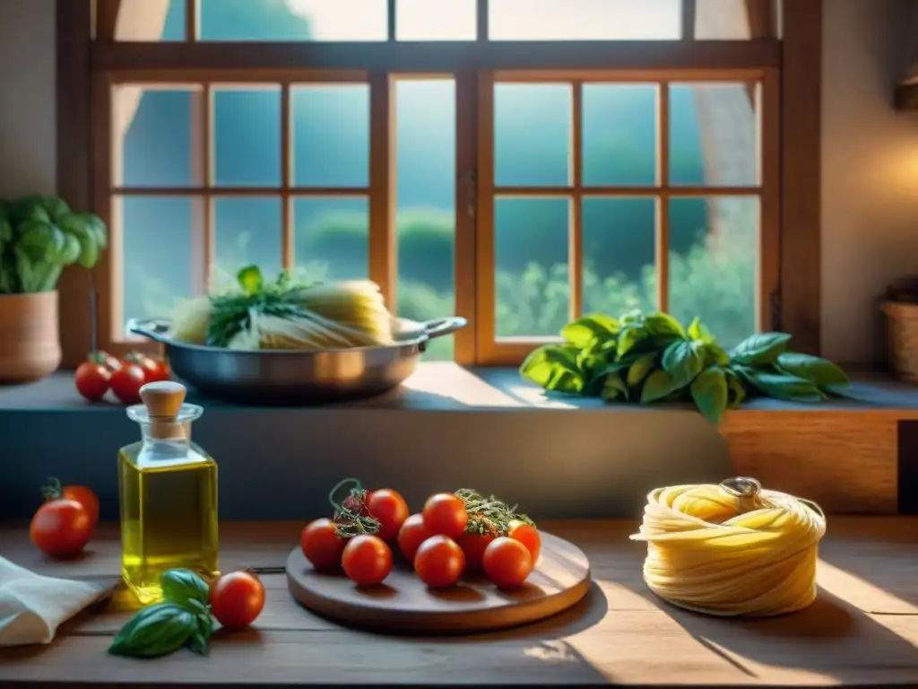 Una cocina italiana rústica con ingredientes tradicionales, pasta casera y una máquina de pasta vintage