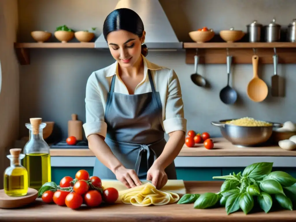 Una cocina italiana rústica con ingredientes frescos y una nonna preparando pasta, evocando recetas tradicionales cocina italiana abuelas